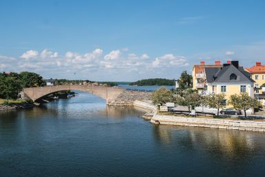 Bridge and house in lekinge archipelago in sunlight